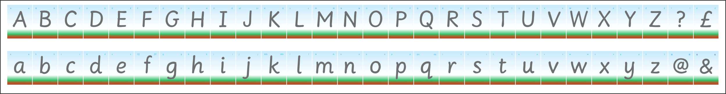 A digital image, at reduced size, of the full pack of Eden Cards. They are laid out in two rows. Top row shows the full alphabet in capital letters, plus the symbols for 'question mark' and 'UK pound sign'.